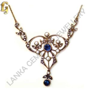 Necklace with Blue Sapphire, Diamonds & Pearls set in 9k Rose/Red Gold