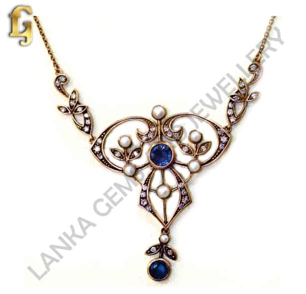Necklace with Blue Sapphire, Diamonds & Pearls set in 9k Rose/Red Gold