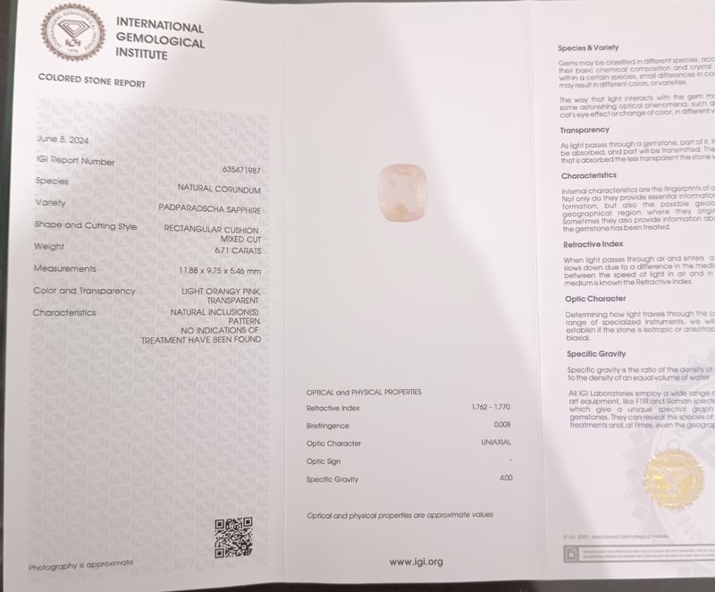 6.71ct IGI Certified Padparadscha Sapphire , 100% Natural Untreated Gemstone - Image 6