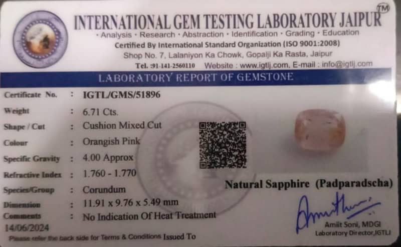 6.71ct IGI Certified Padparadscha Sapphire , 100% Natural Untreated Gemstone - Image 7